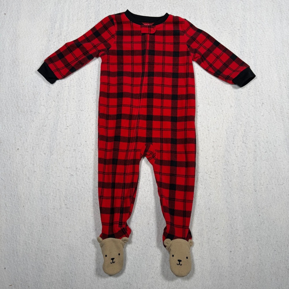 Carters Baby Boys Red Black Buffalo Plaid Fleece Footed Sleeper Pajamas 18M
